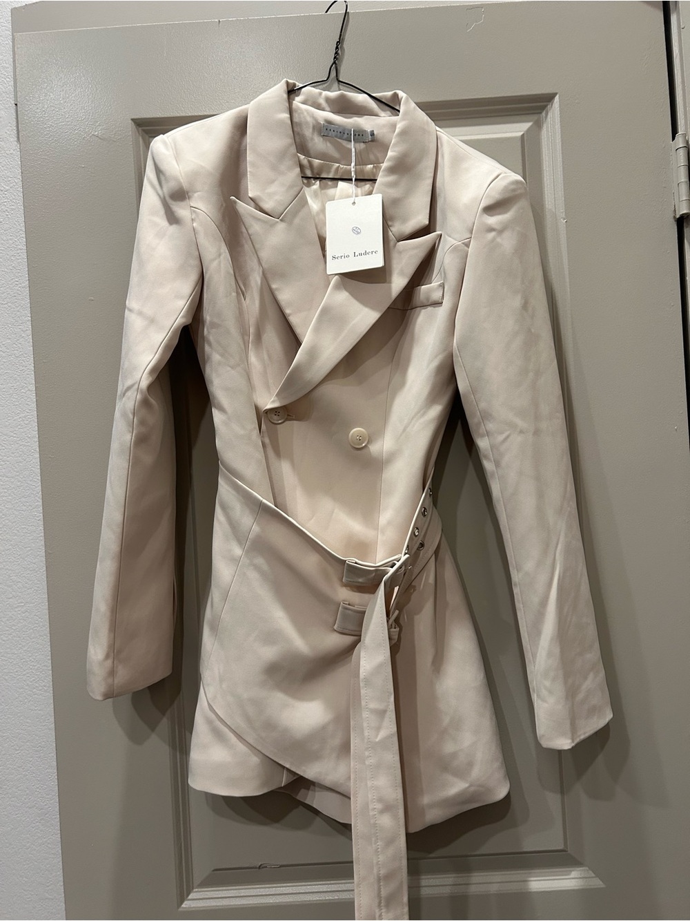 Cream Double-Breasted Belted Blazer